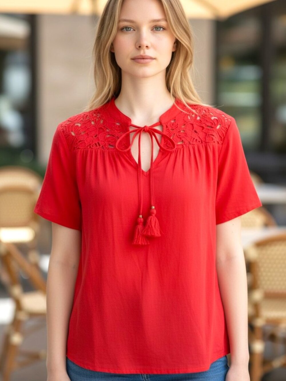 Gorgeous Knox Rose Red Tasseled Tie-Neck Short Sleeve Peasant Blouse Size L NWT